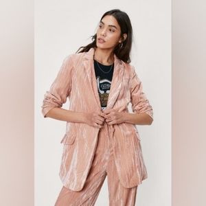Nasty Gal Crushed Velvet Single Breasted Blazer Ivory Nude